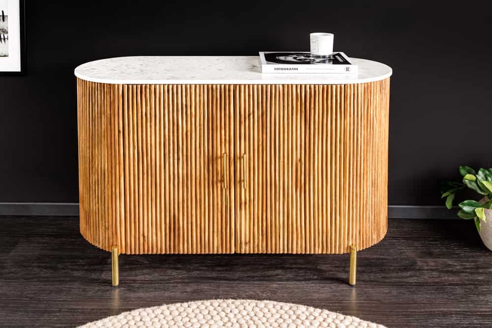 TRES CHIC Massives Sideboard 105cm braun Mangoholz weiß Marmor gold Metall
