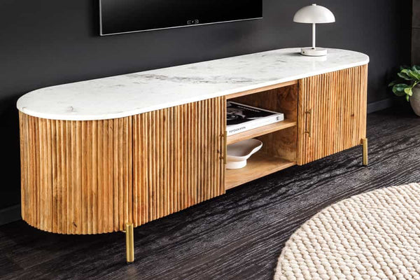 TRES CHIC Massives TV-Board 140cm braun Mangoholz weiß Marmor mit viel Stauraum
