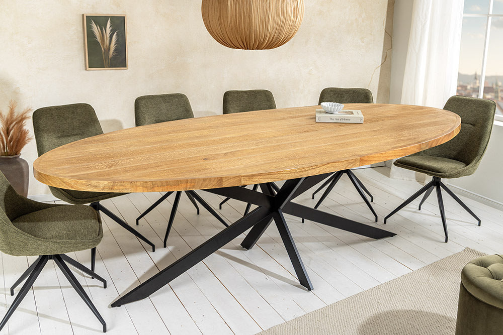 GALAXIE Massiver Esstisch 240cm braun Mangoholz oval schwarz Eisen Sterngestell