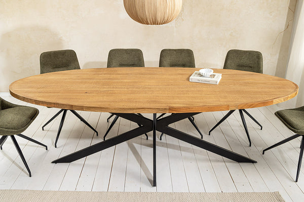 GALAXIE Massiver Esstisch 240cm braun Mangoholz oval schwarz Eisen Sterngestell