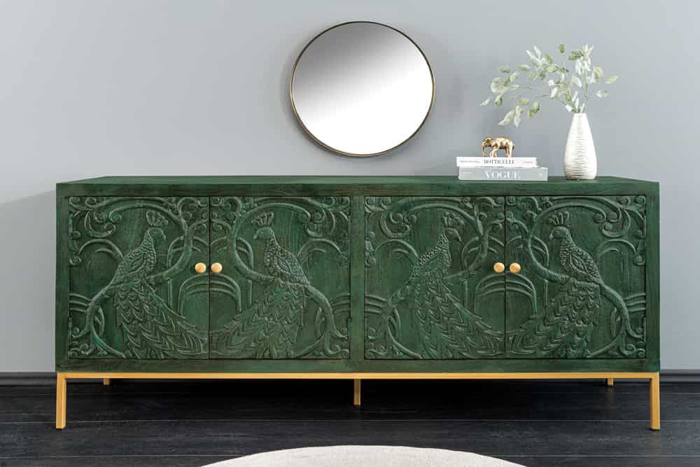PEACOCK Massives Sideboard  175cm grün Mangoholz Schnitzerei Pfauenmotiv