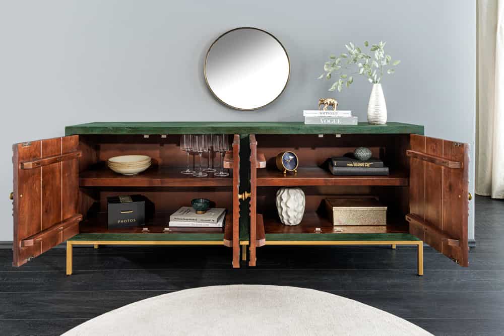 PEACOCK Massives Sideboard  175cm grün Mangoholz Schnitzerei Pfauenmotiv