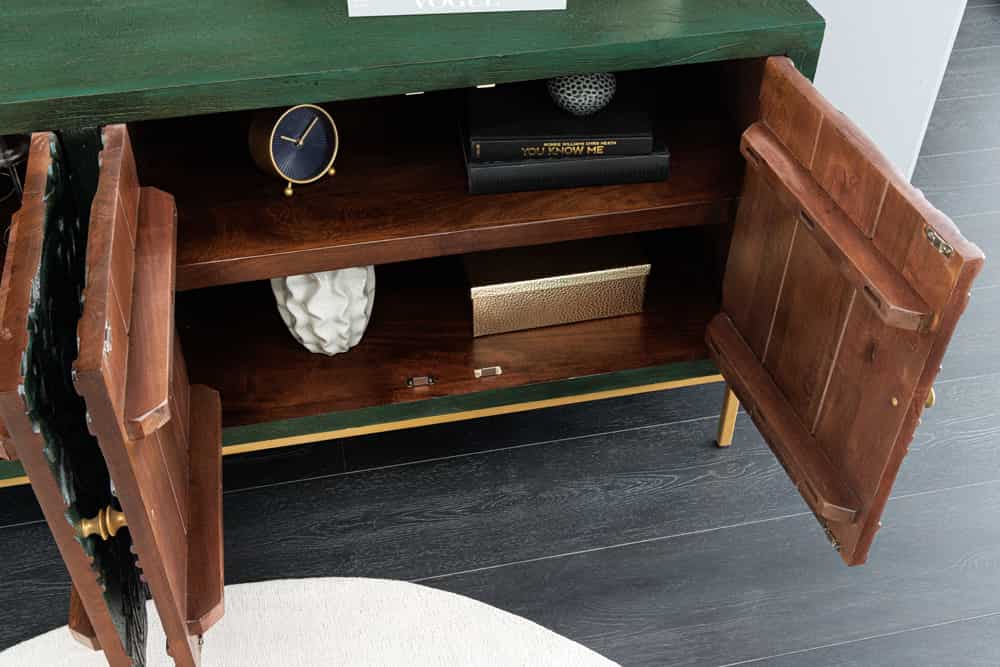 PEACOCK Massives Sideboard  175cm grün Mangoholz Schnitzerei Pfauenmotiv