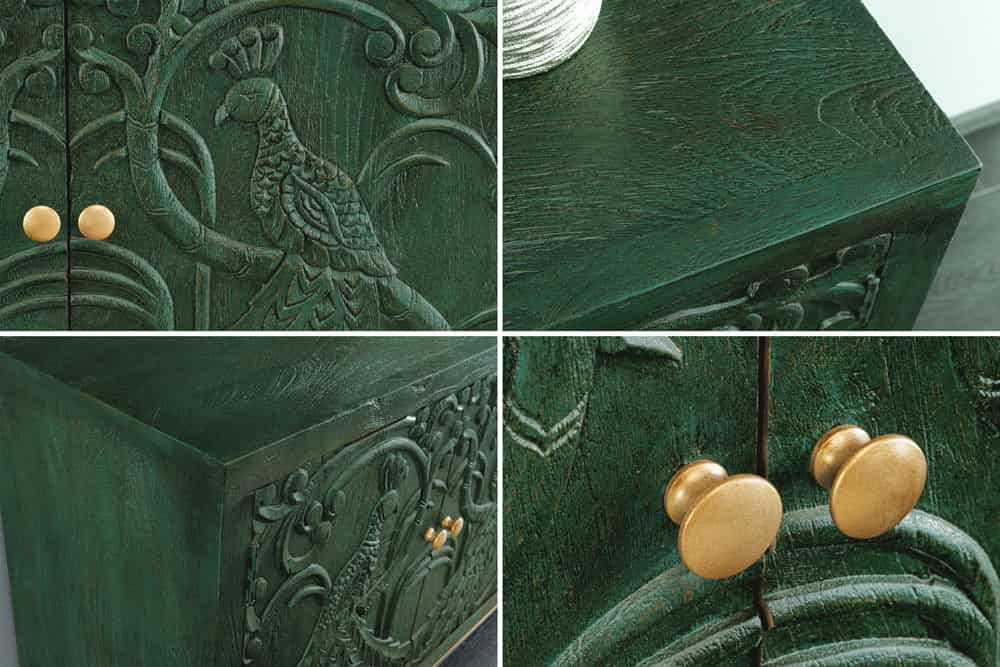 PEACOCK Massives Sideboard  175cm grün Mangoholz Schnitzerei Pfauenmotiv