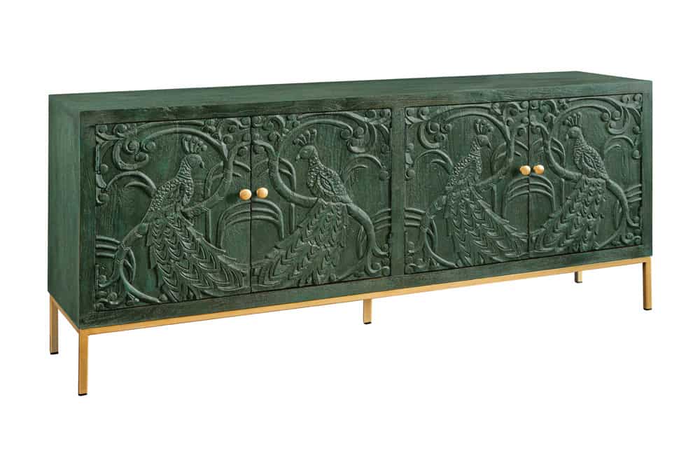 PEACOCK Massives Sideboard  175cm grün Mangoholz Schnitzerei Pfauenmotiv