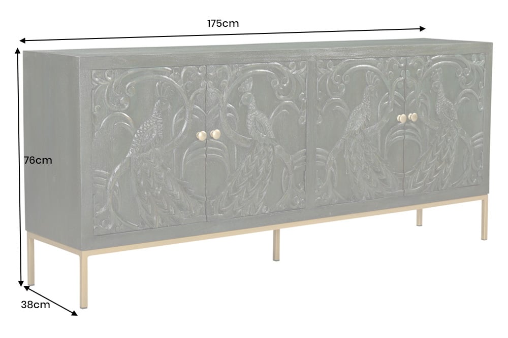 PEACOCK Massives Sideboard  175cm grün Mangoholz Schnitzerei Pfauenmotiv