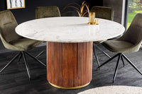 GATSBY Runder Esstisch 140cm braun gold Mangoholz weiße Marmorplatte Säulenfuß