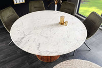 GATSBY Runder Esstisch 140cm braun gold Mangoholz weiße Marmorplatte Säulenfuß