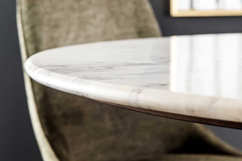 GATSBY Runder Esstisch 140cm braun gold Mangoholz weiße Marmorplatte Säulenfuß