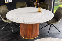 GATSBY Runder Esstisch 140cm braun gold Mangoholz weiße Marmorplatte Säulenfuß