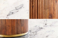 GATSBY Runder Esstisch 140cm braun gold Mangoholz weiße Marmorplatte Säulenfuß