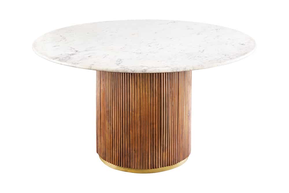 GATSBY Runder Esstisch 140cm braun gold Mangoholz weiße Marmorplatte Säulenfuß