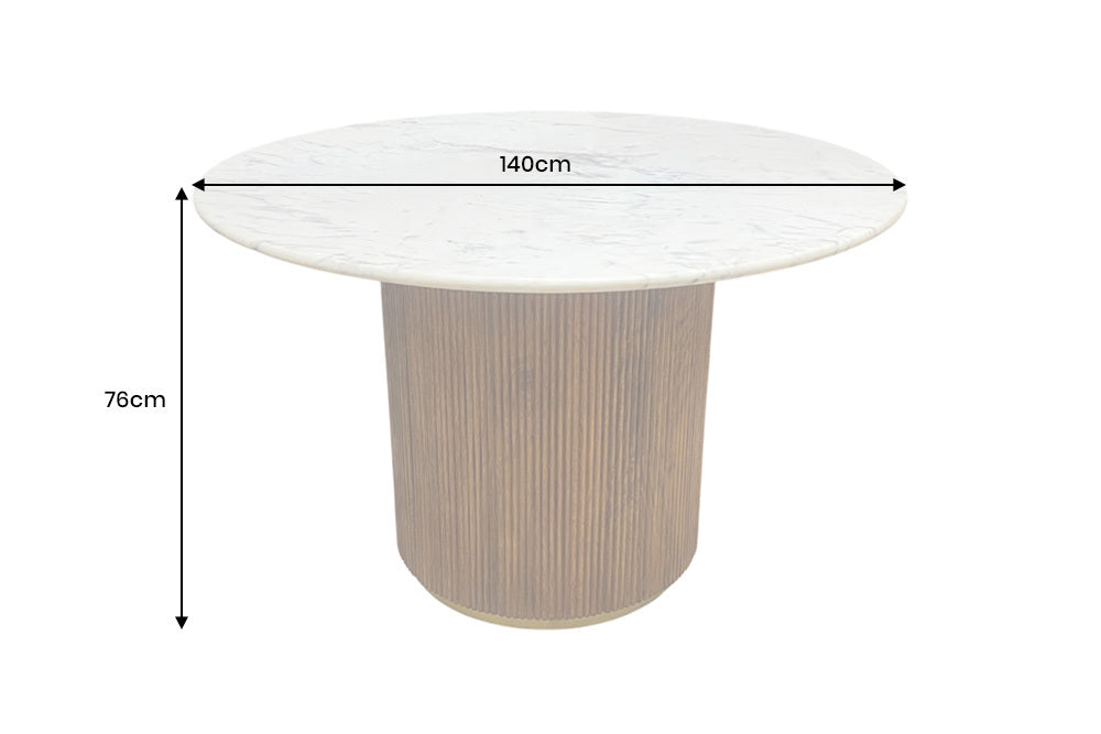 GATSBY Runder Esstisch 140cm braun gold Mangoholz weiße Marmorplatte Säulenfuß