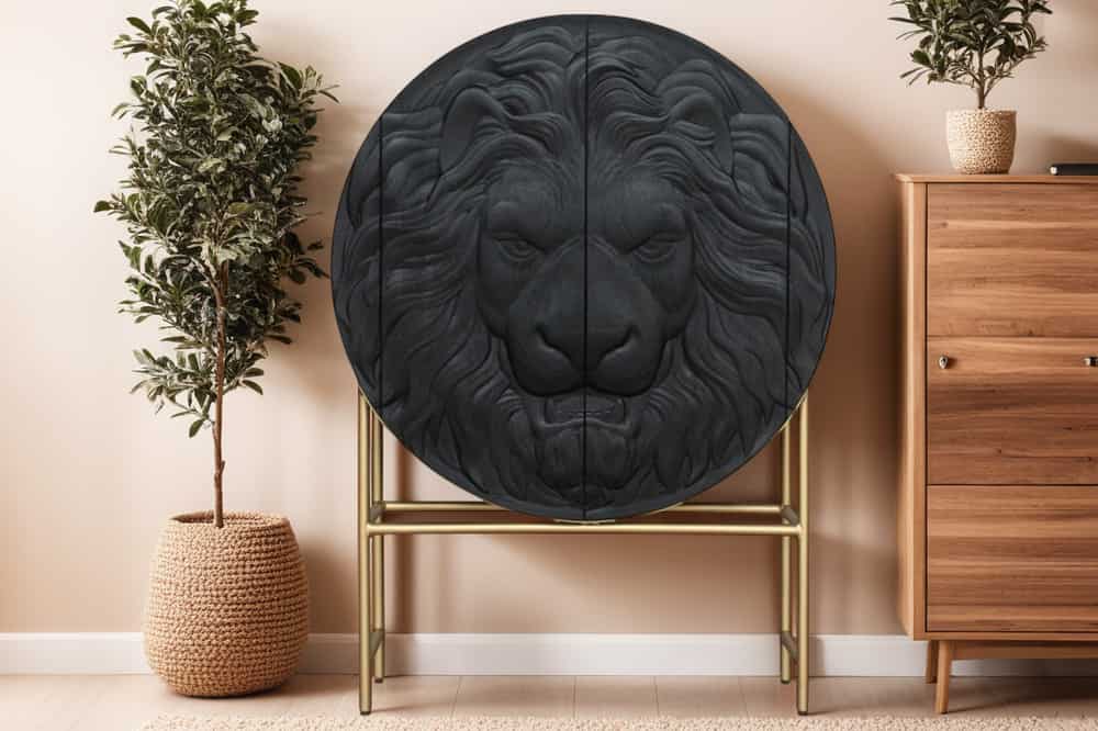 Massives Highboard LION 140cm braun Akazie 3D Schnitzereien Kunstwerk