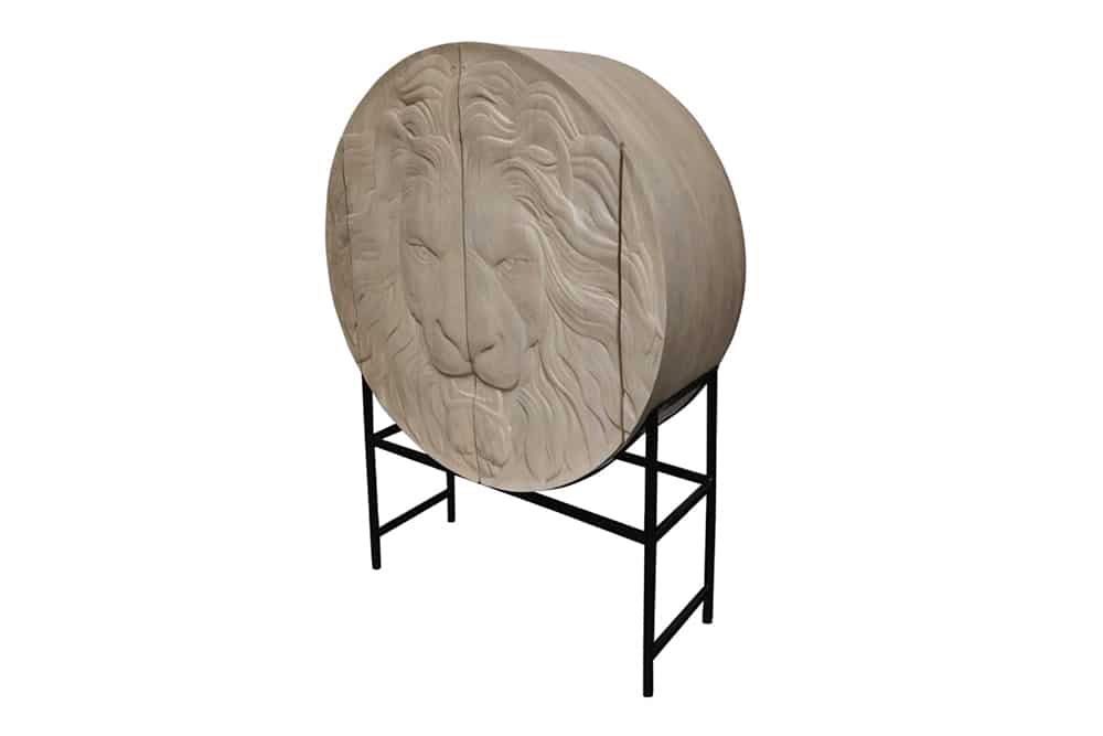 Massives Highboard LION 140cm braun Akazie 3D Schnitzereien Kunstwerk