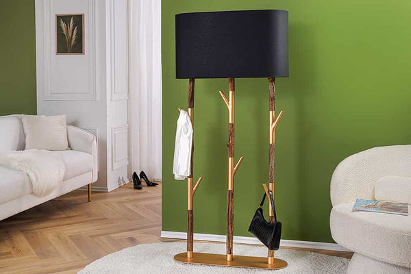 WARDROBE Handgefertigte Stehlampe 155cm schwarz gold natur Eisenholz Massivholz