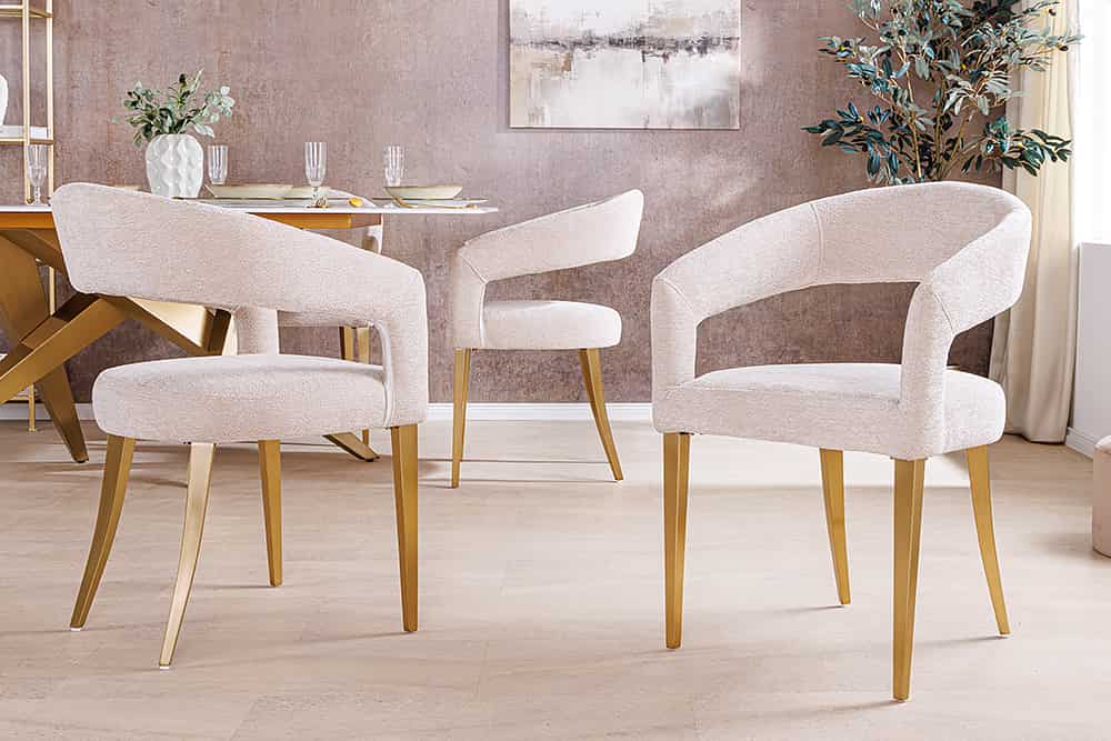 BOUTIQUE Skandinavischer Stuhl Strukturstoff brushed champagner gold Metall
