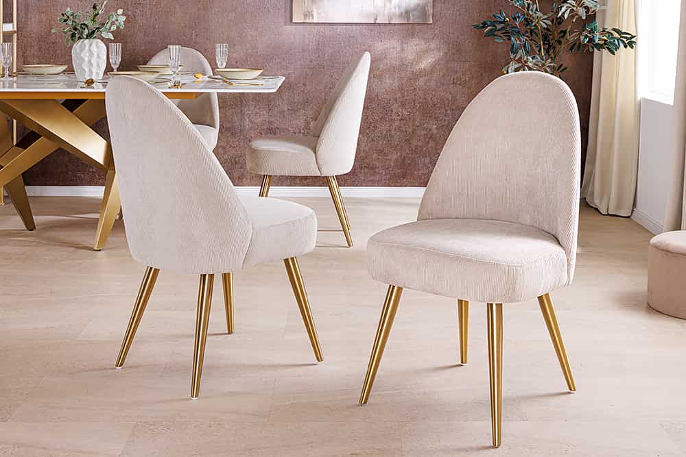 MIA CASA Retro Stuhl beige Cord champagner gold brushed Metall