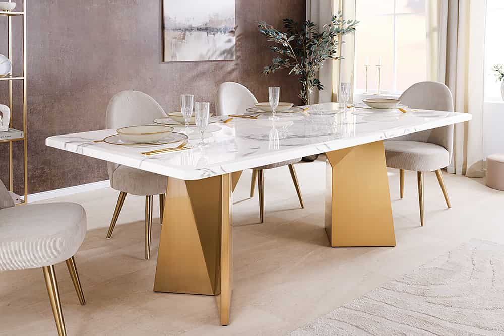 EXTRAVAGANCIA Design Esstisch 200cm weiß Marmor Metall brushed champagner gold