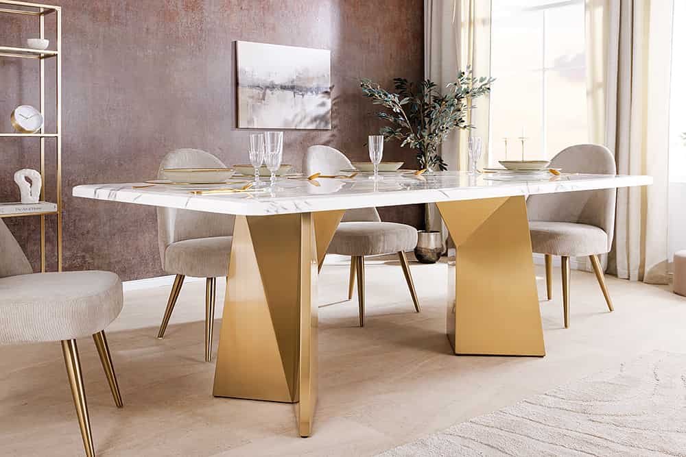 EXTRAVAGANCIA Design Esstisch 200cm weiß Marmor Metall brushed champagner gold
