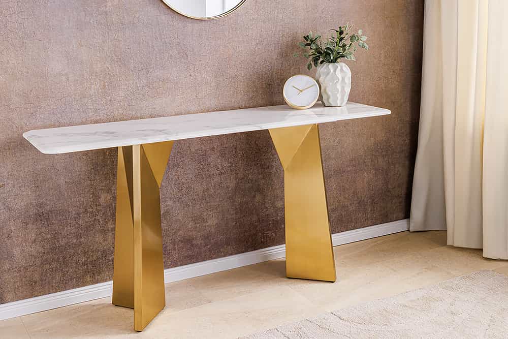 EXTRAVAGANCIA Design Konsolentisch 140cm weiß Marmor brushed champagner gold Metall