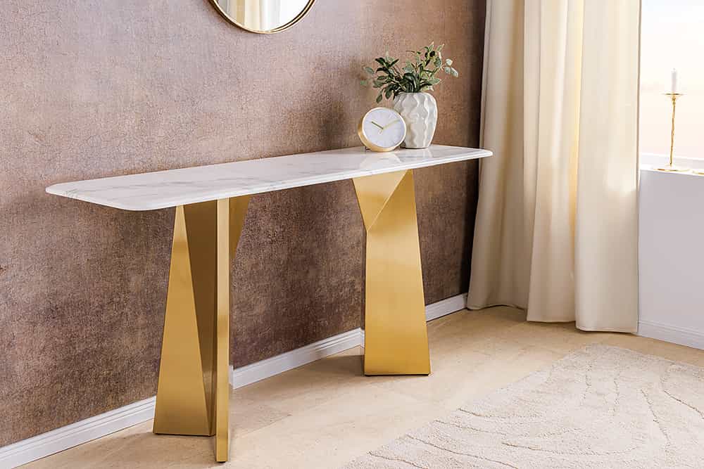 EXTRAVAGANCIA Design Konsolentisch 140cm weiß Marmor brushed champagner gold Metall