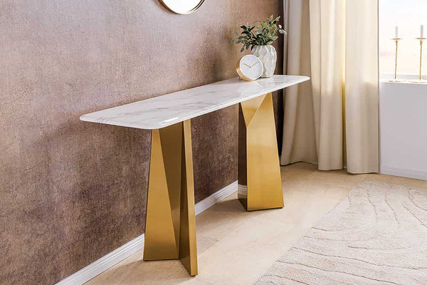 EXTRAVAGANCIA Design Konsolentisch 140cm weiß Marmor brushed champagner gold Metall