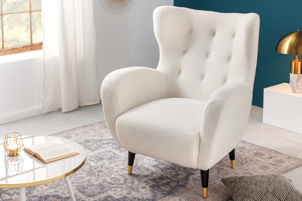 DON Retro Design Sessel mit Federkern Fußkappen Bouclé weiß