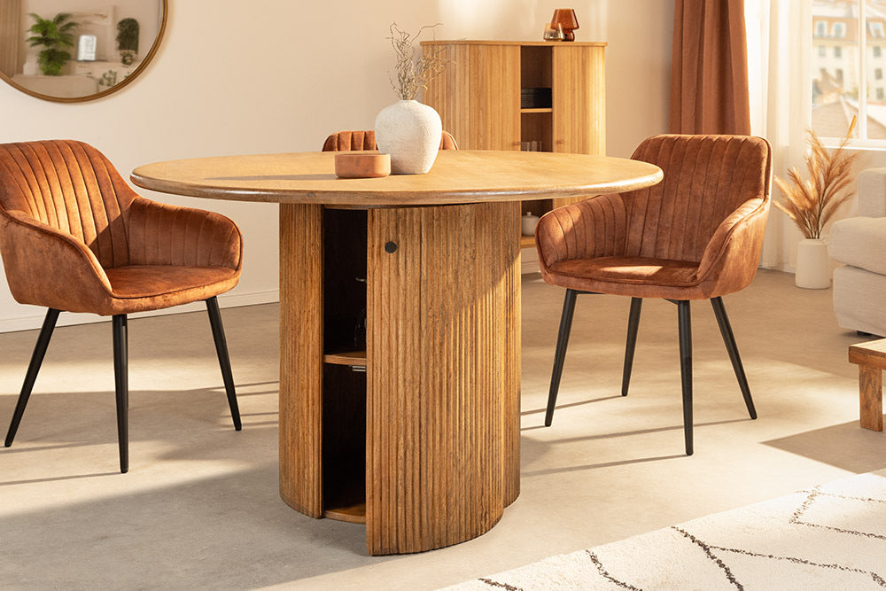 TRES CHIC Runder Esstisch 120cm braun Mangoholz Massivholz mit Stauraum