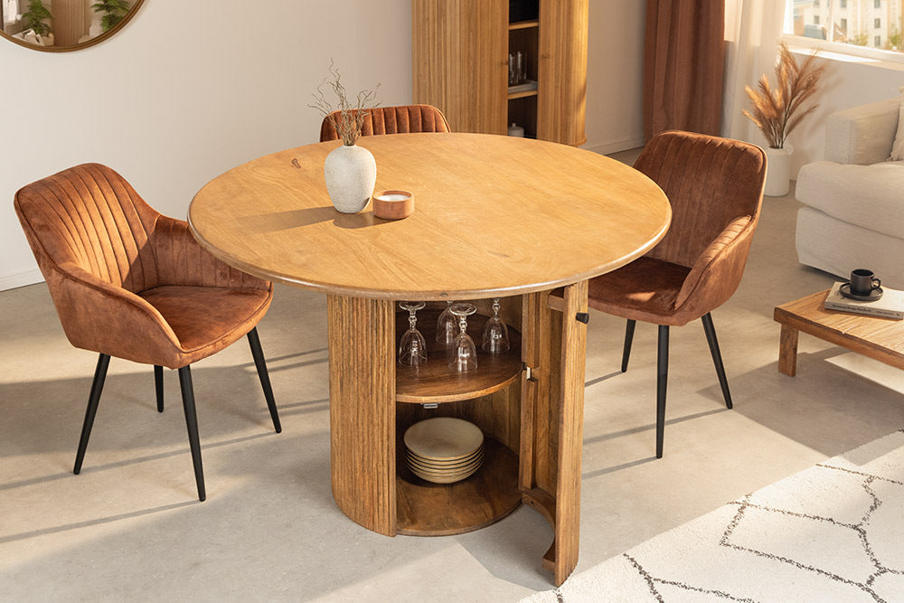 TRES CHIC Runder Esstisch 120cm braun Mangoholz Massivholz mit Stauraum