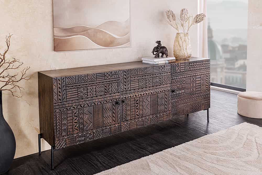TRIBAL Massives Sideboard 180cm antik braun Mangoholz 3D-Front viel Stauraum