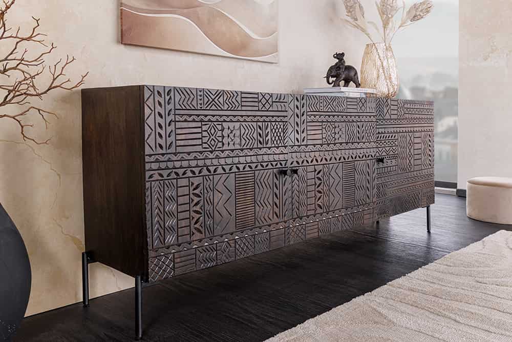 TRIBAL Massives Sideboard 180cm antik braun Mangoholz 3D-Front viel Stauraum