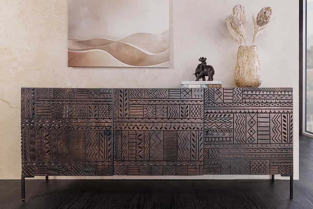 TRIBAL Massives Sideboard 180cm antik braun Mangoholz 3D-Front viel Stauraum