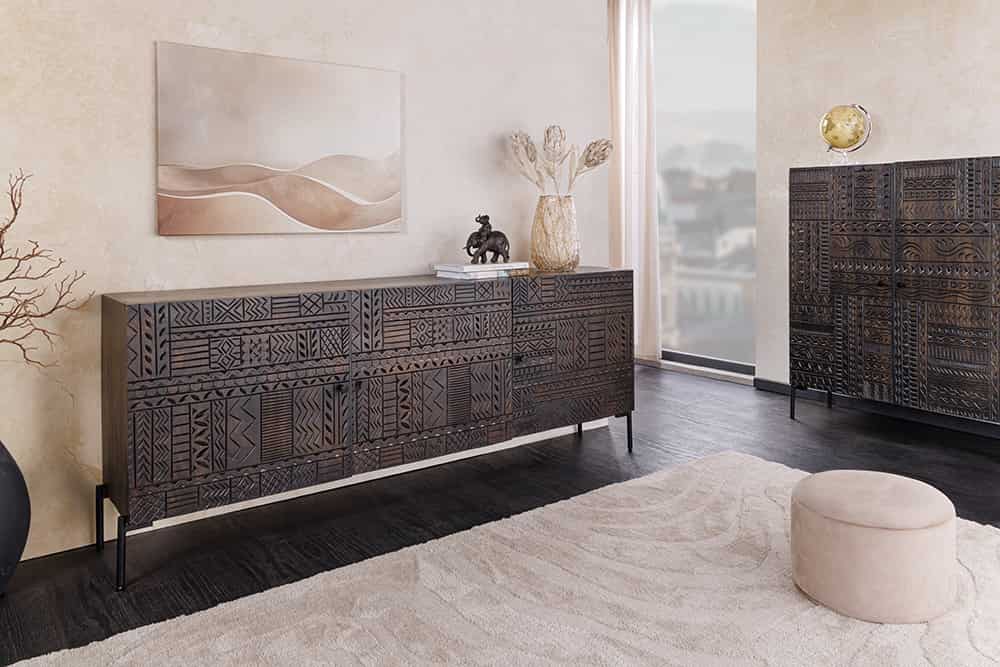 TRIBAL Massives Sideboard 180cm antik braun Mangoholz 3D-Front viel Stauraum
