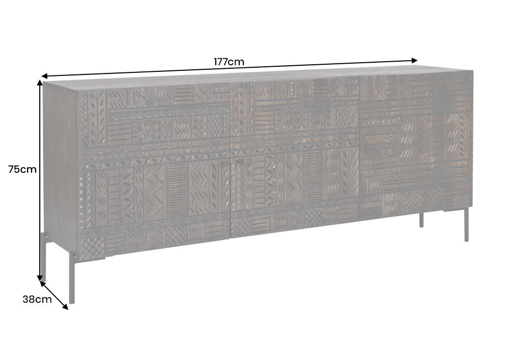 TRIBAL Massives Sideboard 180cm antik braun Mangoholz 3D-Front viel Stauraum