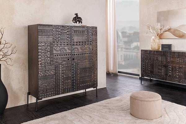 TRIBAL Massives Highboard  120cm antik braun Mangoholz 3D-Front viel Stauraum