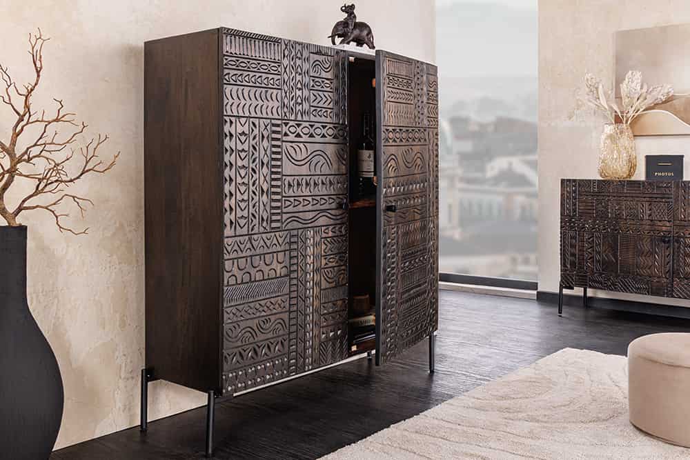 TRIBAL Massives Highboard  120cm antik braun Mangoholz 3D-Front viel Stauraum
