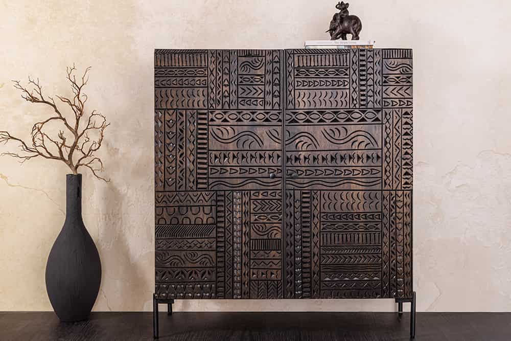 TRIBAL Massives Highboard  120cm antik braun Mangoholz 3D-Front viel Stauraum