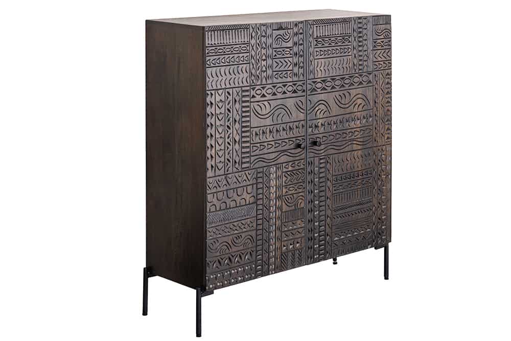 TRIBAL Massives Highboard  120cm antik braun Mangoholz 3D-Front viel Stauraum