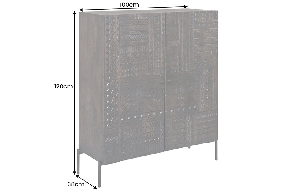 TRIBAL Massives Highboard  120cm antik braun Mangoholz 3D-Front viel Stauraum