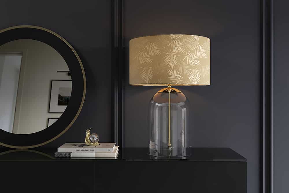 CLASSICO Moderne Tischlampe transparent Glas weiß gold Leinenschirm