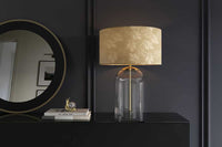 CLASSICO Moderne Tischlampe transparent Glas weiß gold Leinenschirm