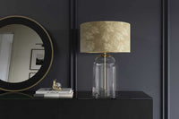 CLASSICO Moderne Tischlampe transparent Glas weiß gold Leinenschirm