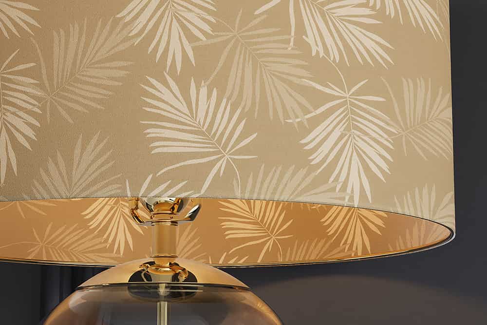 CLASSICO Moderne Tischlampe transparent Glas weiß gold Leinenschirm