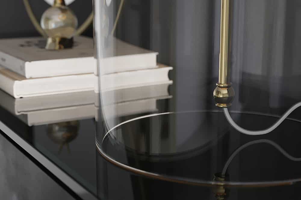 CLASSICO Moderne Tischlampe transparent Glas weiß gold Leinenschirm