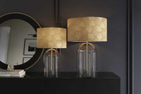 CLASSICO Moderne Tischlampe transparent Glas weiß gold Leinenschirm
