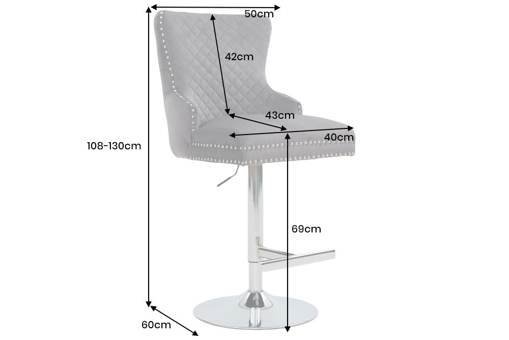 CASTLE DELUXE Höhenverstellbarer Barstuhl grau Samt silber Edelstahl Löwenkopf
