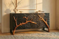 Massives Sideboard FOREST 160cm schwarz braun Mangoholz sechs Fächer 3D-Front
