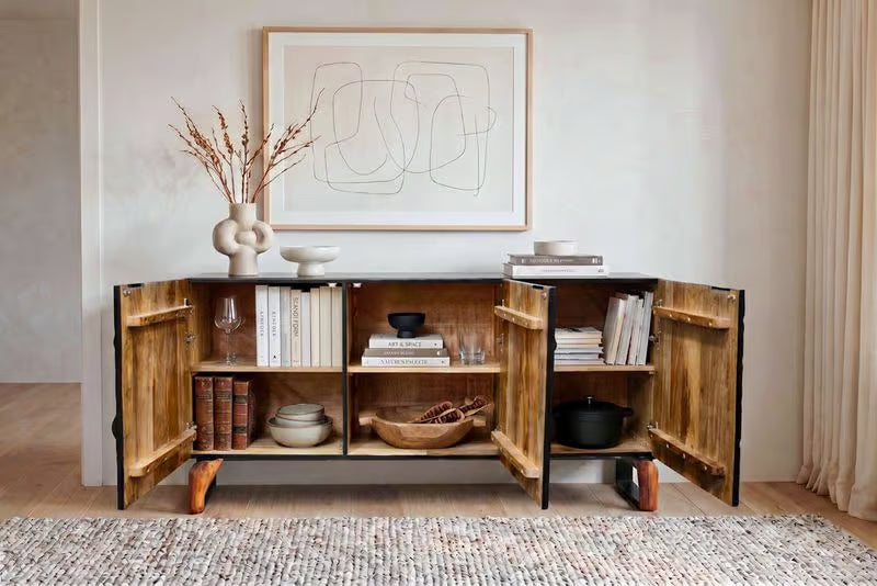 Massives Sideboard FOREST 160cm schwarz braun Mangoholz sechs Fächer 3D-Front