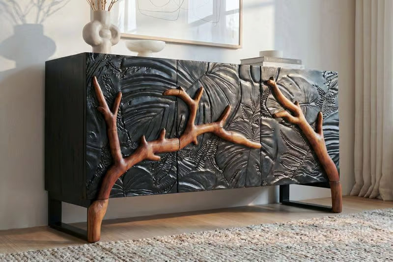 Massives Sideboard FOREST 160cm schwarz braun Mangoholz sechs Fächer 3D-Front